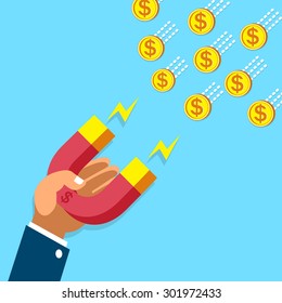 Business concept hand using a magnet to attracts money coins