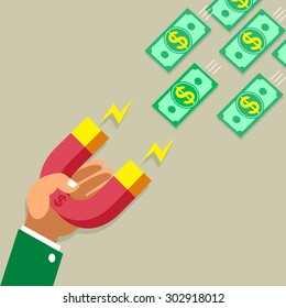 Business concept hand using a magnet to attracts money