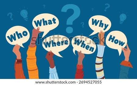 Business concept hands holding question words Who What When Where Why How communication