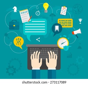 Business concept with hands typing on computer flat vector illustration