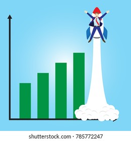 Business Concept A Happy Businessman Is Attached To A Rocket Launching Beyond Growing Bar Graph. He Is Delightful And Enjoying The New Growth Of Profit, Opportunity With Full Pleasure, Motivation. 