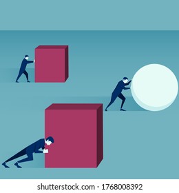 Business concept for hard working cartoon vector illustration.Businessman pushing sphere and box. 
