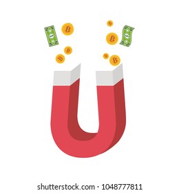 Business concept. A huge magnet attracting bitcoins, vector illustration
