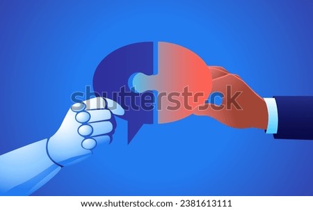 Business concept of human and robot hands put together a puzzle that forms a bubble text, representation of potential for AI to enhance planning and strategy in business