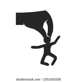 Business concept icon in black and white. Hand holding man figure. Vector illustration.