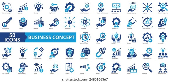 Business concept icon collection set. Containing products, revenue, services, distribution, core value, cost, management icon. Simple flat vector illustration.