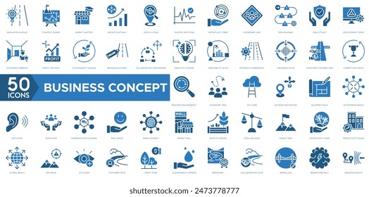 Business Concept-Symbol. Innovation Avenue, Strategy Summit, Market Mastery, Growth Gateway, Vision Voyage, Success Spectrum und Opportunity Orbit