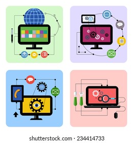 Business concept icon set for graphic design, web application, social media and optimization in flat design