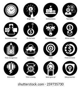 Business concept icons black set with tasks bright idea achievements teamwork isolated vector illustration