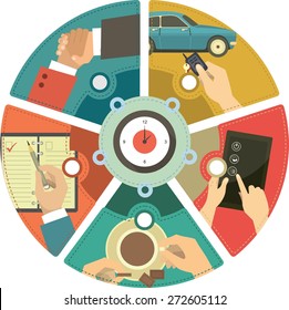 business concept icons located in a circular shape around the clock