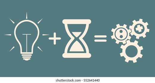 Business concept. Idea bulb plus time = gears mechanism. Vector illustration