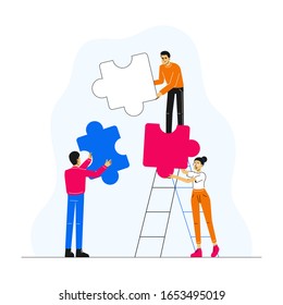 Business concept idea. People holding and connecting different colored puzzle elements. Team metaphor. Symbol of cooperation, partnership. Vector character illustration.