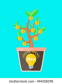 Business concept idea is profitable. lightbulb idea sign in a pot with money tree. Vector flat cartoon isolated illustration