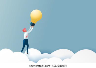 Business concept and idea solution discovery.Big idea, Creativity, Brainstorming, Innovation concept.Businessman reaching light bulb on blue sky.Paper art vector illustration.