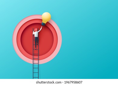 Business concept and idea solution discovery.Big idea, Creativity, Brainstorming, Innovation concept.Businessman on a ladder reaching light bulb.Website Landing page.Paper art vector illustration. - Shutterstock ID 1967958607