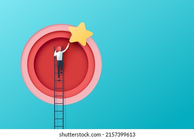 Business concept and idea solution discovery.Big idea, Creativity, Brainstorming, Innovation concept.Businessman on a ladder reaching star.Website Landing page.Paper art vector illustration.