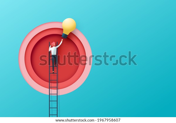 Business concept and idea solution\
discovery.Big idea, Creativity, Brainstorming, Innovation\
concept.Businessman on a ladder reaching light bulb.Website Landing\
page.Paper art vector\
illustration.