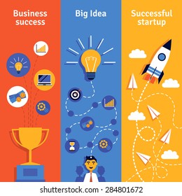  Business concept with idea startup and success vertical banners flat isolated vector illustration 