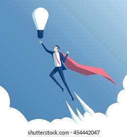 Business concept and the idea of success. Businessman superhero flying above the clouds with idea