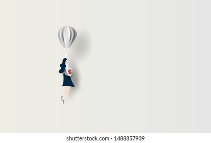 Business concept idea. Woman flying with balloon and holding a dollar coin. Symbol of innovation. Paper cut vector illustration