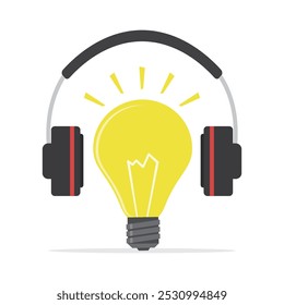 Business concept for ideas. Creative idea in relaxing moments. Headphones worn on light bulb. Headphone with lightbulb for podcast studio. Symbol of support, solution and customer assistance operator.