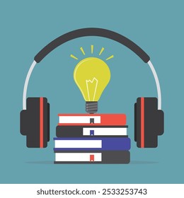 Conceito empresarial para ideias. Ideia criativa em momentos relaxantes. Fones de ouvido usados em lâmpadas e livros. Fone de ouvido com lâmpada para estúdio de podcast. Audiobooks, educação online, e-books. vetor plano