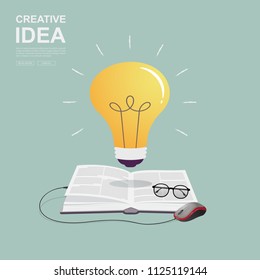 Business concept for ideas and creativity found by sources. Books connected to light bulbs and mouse. Vector illustration.