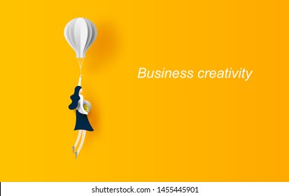 Business concept idea.Woman flying with balloon Hold dollar coin. Symbol of innovation.Start up for success.Girl discover best ideas Graphic design paper cut and art style for card Vector illustration