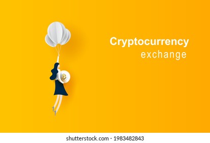 Business concept idea.Woman flying with balloon Hold bitcoin coin. Symbol of innovation.Start up for success.Girl cryptocurrency exchange ideas Graphic design paper cut and art style for card Vector