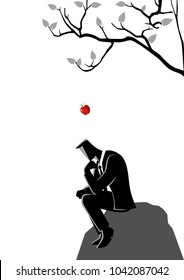 Business concept illustration of an apple falling dawn to the head of a thinking businessman