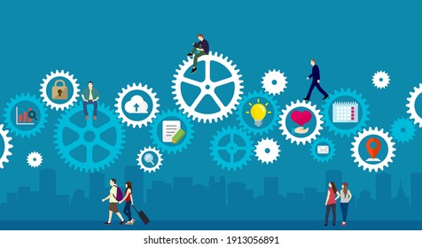 Business concept illustration banner. Gear wheel (technology) and people’s life.