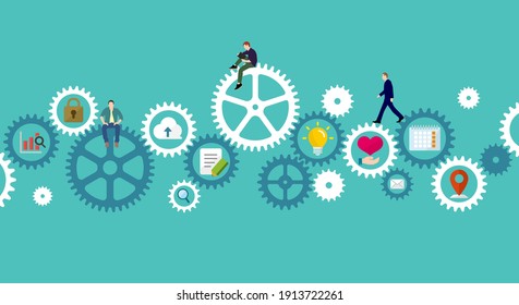 Business concept illustration banner. Gear wheel (technology) and people’s life.