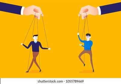 Business concept illustration of big hand and a businessman being controlled by puppet master.