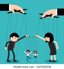 Business concept illustration of big hand and a businessman being controlled by puppet master