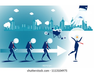 Business Concept Illustration. Boss 's hand refreshing the light-bulb head business man , Re-change your team.  