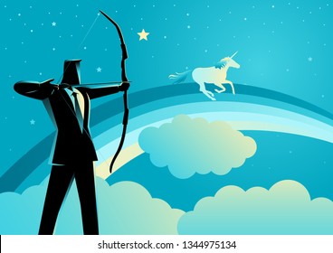 Business concept illustration of a businessman aiming a unicorn with a bow. Business on target