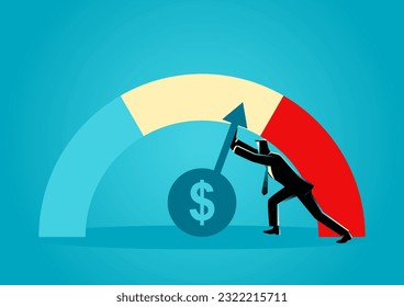 Business concept illustration of a businessman attempting to slow the rate of inflation, vector illustration