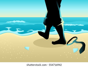 Business concept illustration of a businessman with barefoot walking on the beach