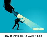 Business concept illustration of a businessman being guided by a hand holding a flashlight uncovering arrow sign.