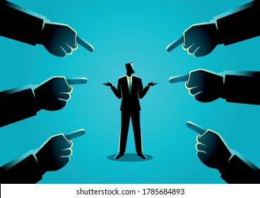 Business concept illustration of a businessman being pointed by giant fingers