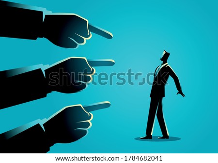 Business concept illustration of a businessman being pointed by giant fingers