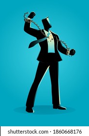 Business concept illustration of a businessman breaking chains, freedom, spirit, struggle, revolution in business concept