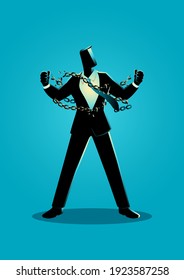 Business Concept Illustration Of A Businessman Breaking Chains, Freedom, Spirit, Struggle, Revolution In Business Concept