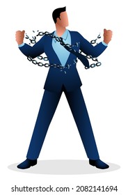 Business Concept Illustration Of A Businessman Breaking Chains, Freedom, Spirit, Struggle, Revolution In Business Concept