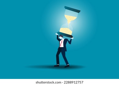Business concept illustration of businessman carrying a giant hourglass, time management, work overload and deadline in business concept
