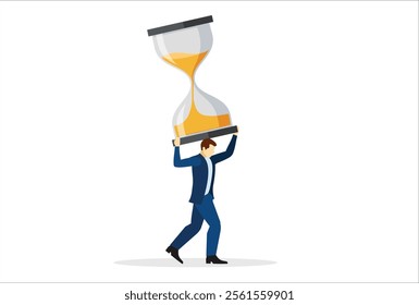 Business concept illustration of businessman carrying a giant hourglass, time management, work overload and deadline in business concept
