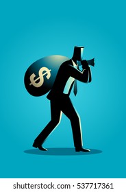 Business concept illustration of a businessman carrying a money bag on his shoulder. Bonus, earn, profit, bring home the bacon concept