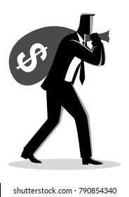Business concept illustration of a businessman carrying a money bag on his shoulder. Bonus, earn, profit, bring home the bacon concept