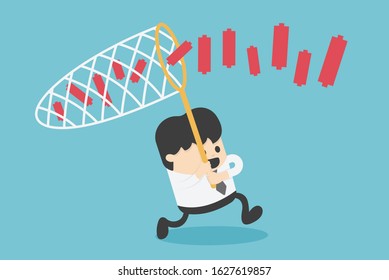 Business concept illustration businessman chasing partner graph with netting