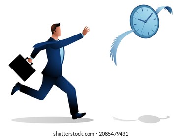 Ilustración de concepto de negocio de un empresario que persigue un reloj volador, se acaba el tiempo, concepto de moscas de tiempo